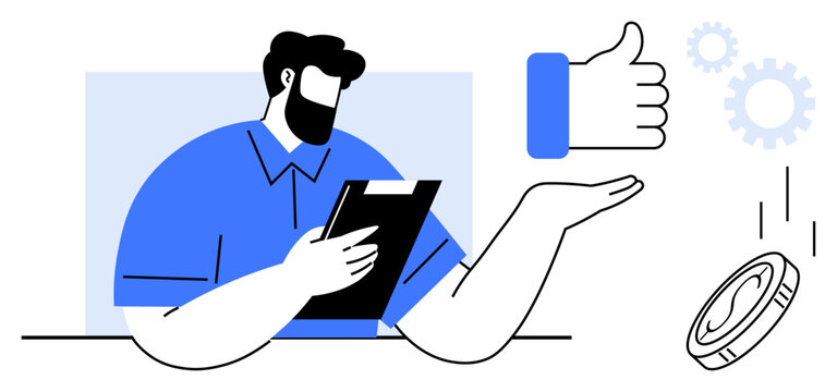 Man holding clipboard while assessing success. Thumbs up, coin, and gears symbolize growth, productivity, and accomplishment. Ideal for business, evaluation, progress productivity team effort goal