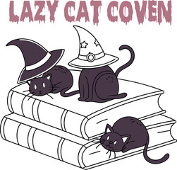 Cute cartoon black cat on a broom, a fun Halloween card illustration with bats
