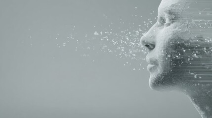 3D Facial Scan Interface With Abstract Medical Technology Elements in a Neutral Backdrop Exhibiting Side Space and Dynamic Design