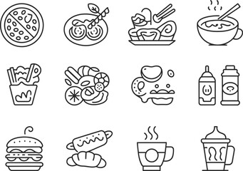 Hand drawn icons of various popular food and drink items