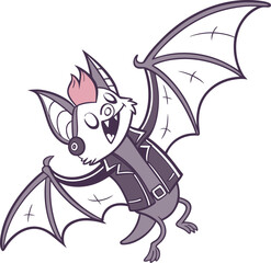 Here's your sentence:

Funny cartoon animal character, a cute black bat with a happy smile, perfect for Halloween vector art illustration