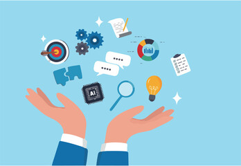 Skill, work experience or ability development, expertise success, leadership or communication to success, learning skills, wisdom concept, businessman hand hold multiple skills set to achieve success