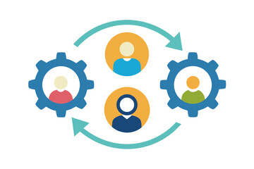 Human head and business people icons with gears illustrate the concept of teamwork, technology, and industrial engineering