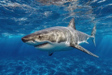 Fototapeta premium Great white shark swimming gracefully in the clear, blue ocean water during daylight hours, creating ripples on the water's surface