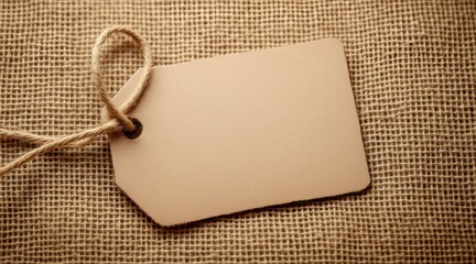 A blank paper tag with a rope attached on a textured fabric background