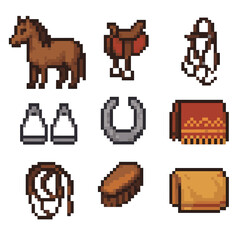 Horse Gear Icons. Pixel art icon set of Dobrynya’s horse and mount gear: saddle with pommel, bridle, stirrups, horseshoe,