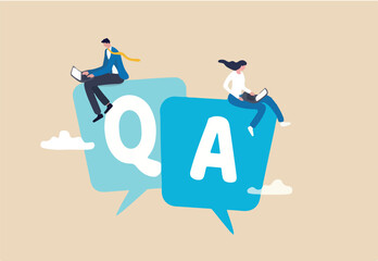 Q and A, question and answers, FAQ frequently asked question, information or solution to solve problem, resolution or advice concept, business people working on dialog with question and answer