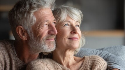 Happy senior adult mature classy couple hugging, bonding, thinking of good future. Carefree cheerful mid age old husband embracing wife looking away dreaming, enjoying wellbeing and love in new house