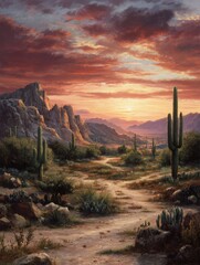Western desert landscape with cacti, dusty trails, and a dramatic sunset over rugged terrain, evoking the spirit of the old West