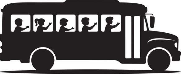 Children waving from a school bus silhouette vector