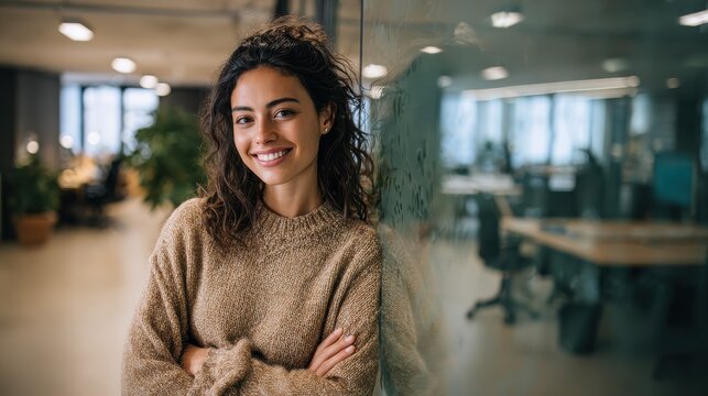 Young smiling latin girl college student or teacher looking at camera standing in university campus. Happy hispanic millennial woman professional posing in modern coworking creative office space., no