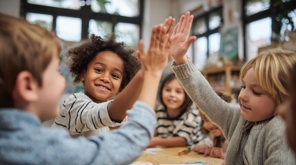 Happy diverse multiethnic kids junior school students group giving high five together in classroom. Excited children celebrating achievements, teamwork, diversity and friendship with highfive concept