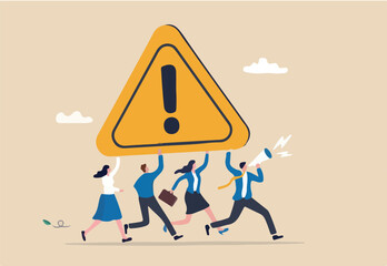 Attention message announcement, important communication or advertisement, beware warning, careful symbol or urgent notification concept, business people carrying attention sign with loud speaker.