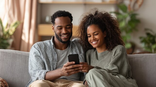 Mid adult man relaxing on sofa and showing new app to african american wife on cellphone. Middle eastern man and woman sitting on couch at home and using mobile phone to do a video call with family., - Powered by Adobe