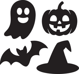 Halloween ghost pumpkin bat witch hat silhouettes vector