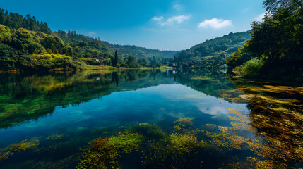 Fototapeta premium Serene Landscape with Lush Greenery and Clear Blue Water Under Bright Sunny Sky