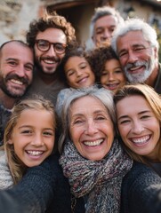 Fototapeta premium Large diverse family group takes selfie outdoors. Happy expressions and smiles from all generations. Joyful celebration of family connections. Outdoor setting. Natural light. Warmly joyful occasion.