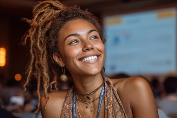 Attractive african american woman gives a presentation at a corporate conference, holding a microphone and wearing beautiful, large, statement jewelry