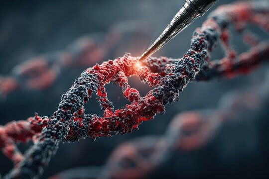 Depiction of a Dna strand being targeted with a needle in a laboratory for gene editing purposes or genetic engineering research