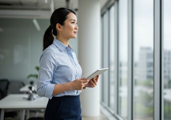 Obraz premium Thoughtful asian businesswoman gazes thoughtfully from a large window holding a tablet computer in a modern office environment