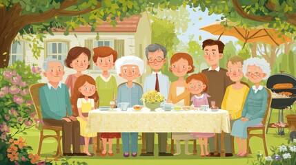 Portrait of extended family sitting at table outdoors on garden barbecue., no logos, no brands