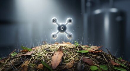 Graphic concept of methane molecule rising from decomposing biomass representing clean biogas production process.