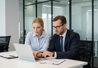 Obraz premium Focused professionals collaborating on a laptop project in a modern office environment discussing business strategy