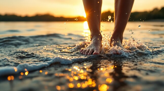Bare feet walking in the water at sunset, creating a golden splash - Powered by Adobe