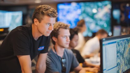 Campaign headquarters buzz with activity as team members strategize voter outreach using digital maps and data on large screens.