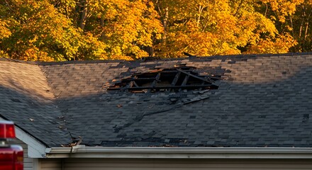 A close-up view of a neighborhood garage roof, which bears the scars of recent accidental fire damage, expertly extinguished by firefighters in the midst of a tranquil autumn.