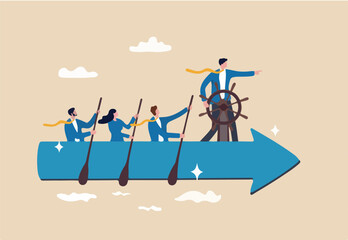 Leadership to lead team to the right direction, employee teamwork to help success, manager to motivate team or company to move forward concept, businessman manager lead people teamwork sailing arrow.