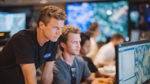 Campaign headquarters buzz with activity as team members strategize voter outreach using digital maps and data on large screens.