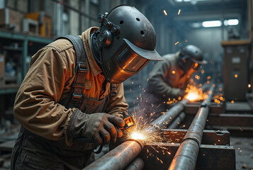 Close-up of Factory Workers Welding Steel Pipes