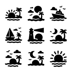 Fototapeta premium Island Sunset Icons. Solid, filled icon set of sunset and sunrise on islands: sun, horizon, waves, palm tree silhouette, clouds,