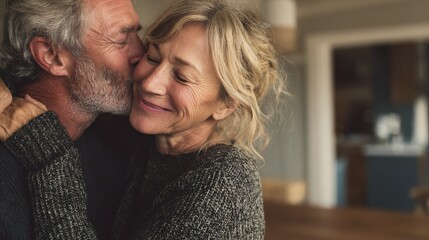 Smiling mid age older couple hugging and kissing standing at home. Happy senior adult mature classy husband and wife embracing, bonding, enjoying wellbeing and love in new modern house., no logos, no