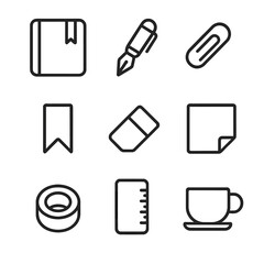 Journaling Icon Set. Outline icon set of journaling essentials: notebook, fountain pen, paperclip, bookmark ribbon, eraser, sticky
