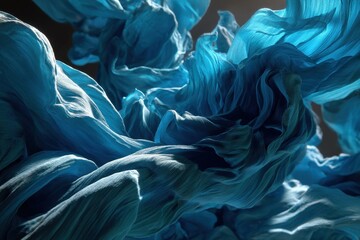 Abstract texture showing crumpled blue fabric with gentle folds and light play creating depth, seen in the daylight