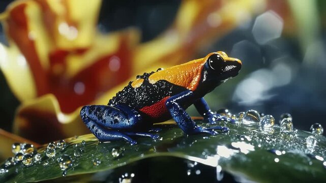 A vibrant poison dart frog sits on a green leaf, surrounded by droplets of water. The frog has a bright orange and black pattern, showcasing its striking colors.