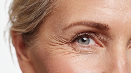 Naklejka premium 50s middle aged old woman looking at camera isolated on white background advertising dry skin care treatment anti age skincare beauty, plastic surgery, cosmetology procedures. Close up half face view