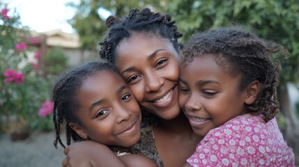 Fototapeta premium Funny mother hugging daughters outside. African black ethnicity family love and affection, no logos, no brands