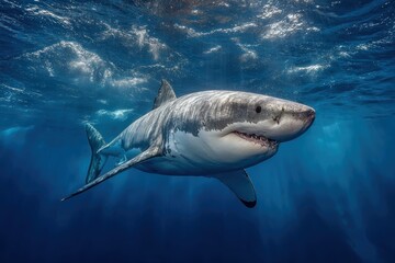 Fototapeta premium Great white shark swimming gracefully in the clear, blue ocean water during daylight hours, creating ripples on the water's surface