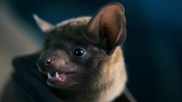 Close-up of a small bat showing teeth, illuminated in soft light against a dark background. High detail and texture. Perfect for International Bat Night visuals and wildlife themes.