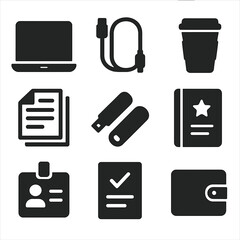 College Essentials Icons. Solid, filled icons set of college student backpack contents: laptop, charging cable
