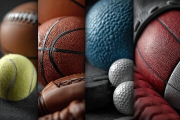 Close-up of sports equipment including an American football, soccer ball, baseball, basketball and baseball glove on a grey surface