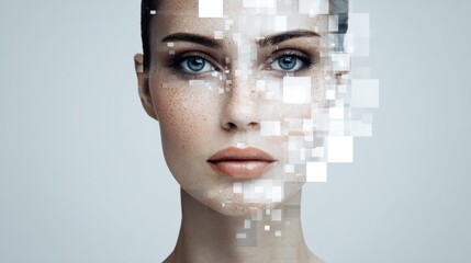 Artistic Female Portrait Featuring a Morphing Facial Design Inspired by AI Beauty Scans With an Open Upper Margin