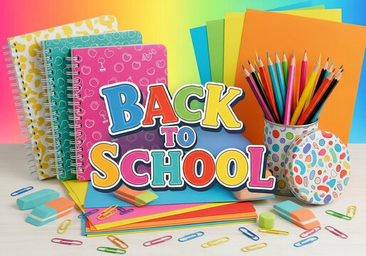 A cheerful "Back to School" themed image featuring colorful notebooks, a cup of pencils, paper, erasers, and scattered paper clips, all arranged against a vibrant gradient background. - Powered by Adobe