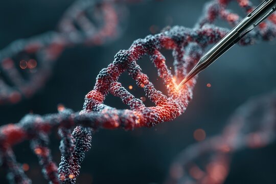 Depiction of a Dna strand being targeted with a needle in a laboratory for gene editing purposes or genetic engineering research