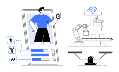 Fitness progress tracked on a digital app as a robotic arm automates tasks connected to cloud technology. Ideal for tech, health monitoring, automation, IoT, innovation, productivity, simple flat
