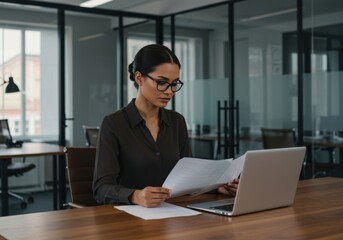 Focused professional woman wearing glasses diligently reviews documents at her desk with a laptop in a modern workspace environment