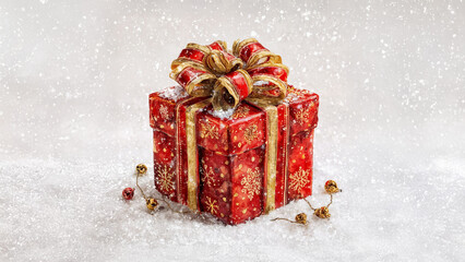 Christmas gift box with ribbon on snow, festive and cozy holiday atmosphere, perfect for seasonal greeting cards or wallpapers.